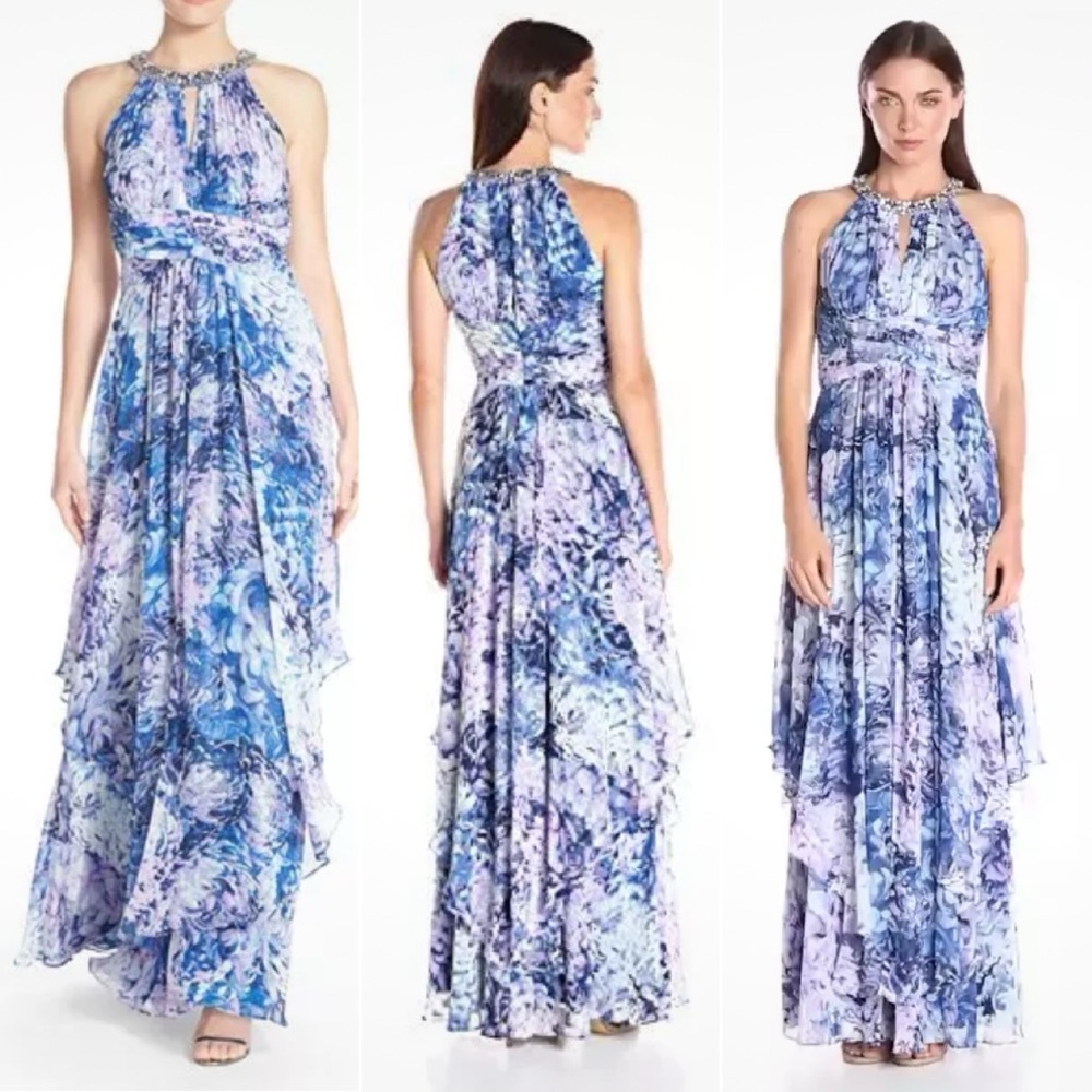Eliza J Formal Dress - Crystal Collared Halter Dress With Water Colored Mums